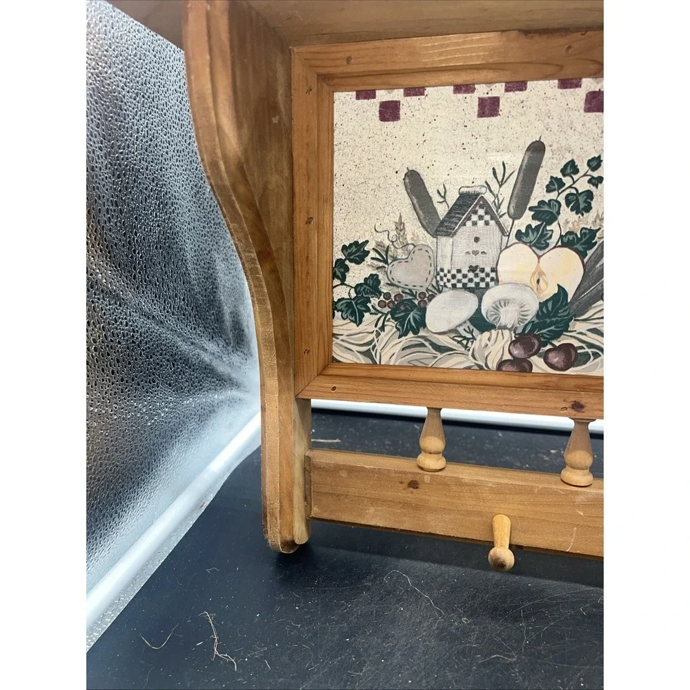 VTG Wood Framed Cottagecore Art Picture Wall Shelf Hanging Pegs Kitchen Bath